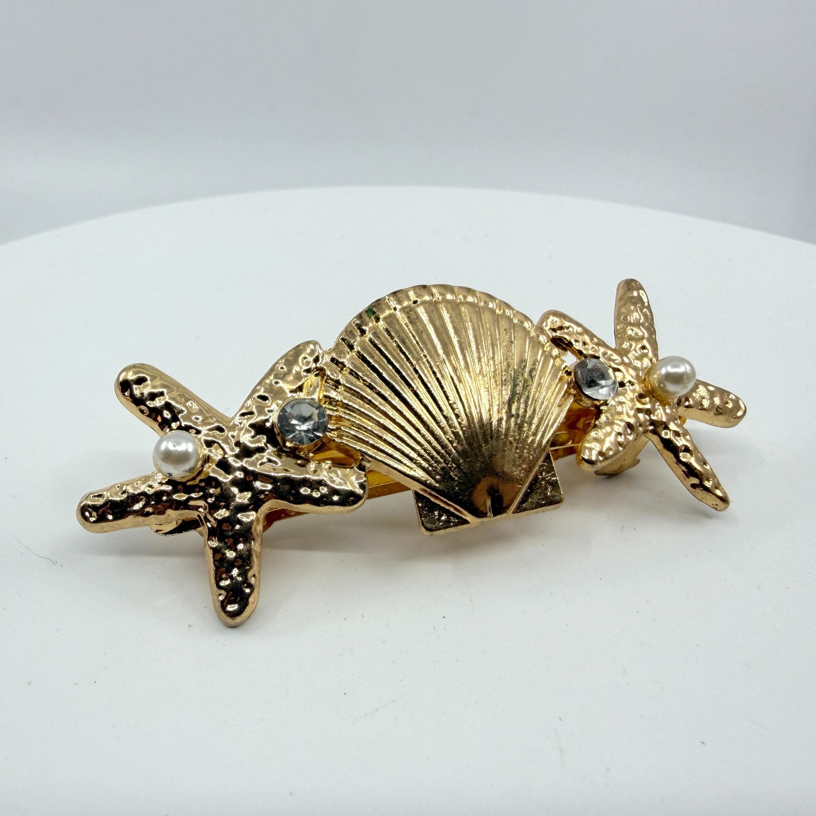 Gold Tone Sea Shell Starfish Hair Barrette Crystal Pearl Boho Beach Summer Gift