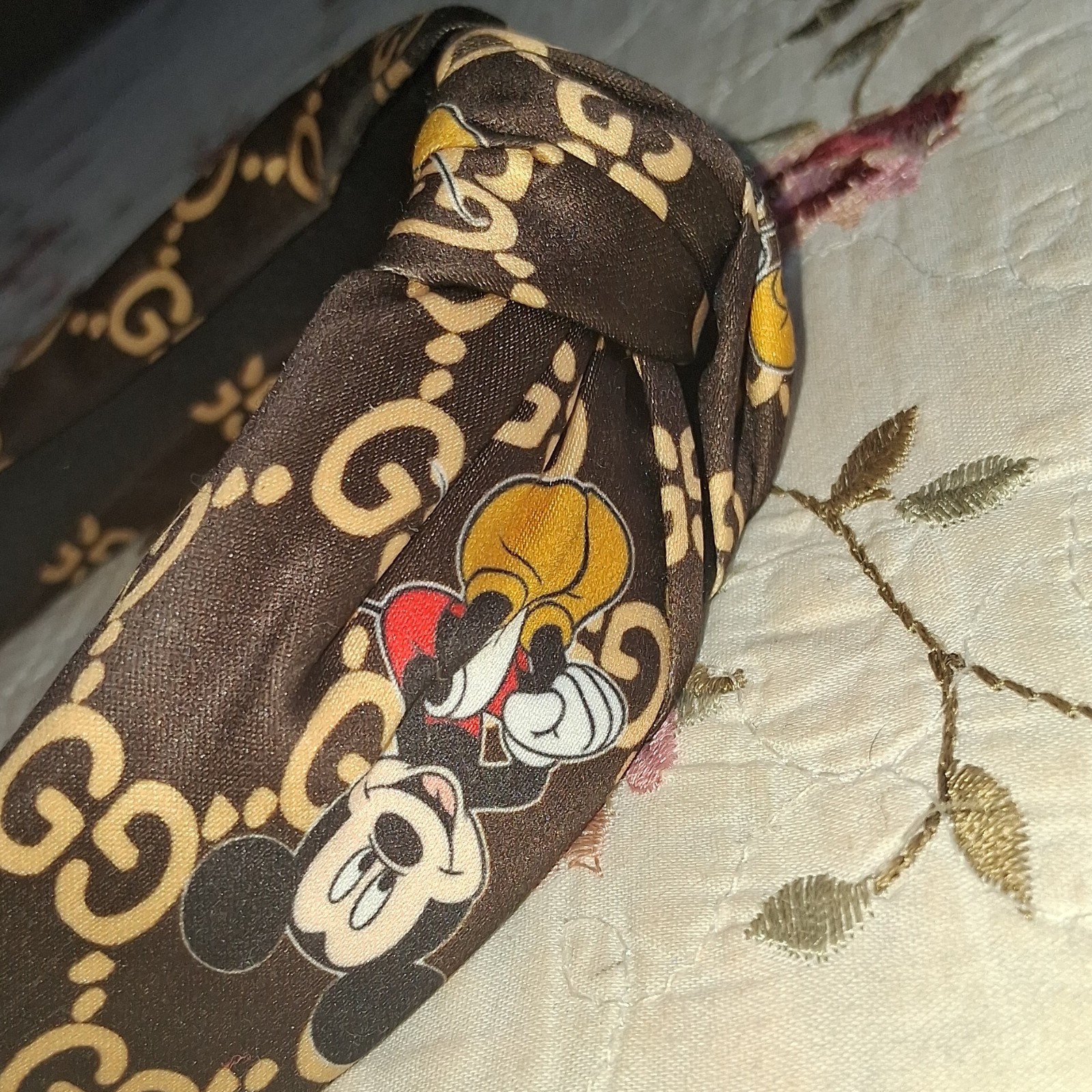 Mickey Mouse Logo Print Padded Knotted Fabric Headband Brown for Women