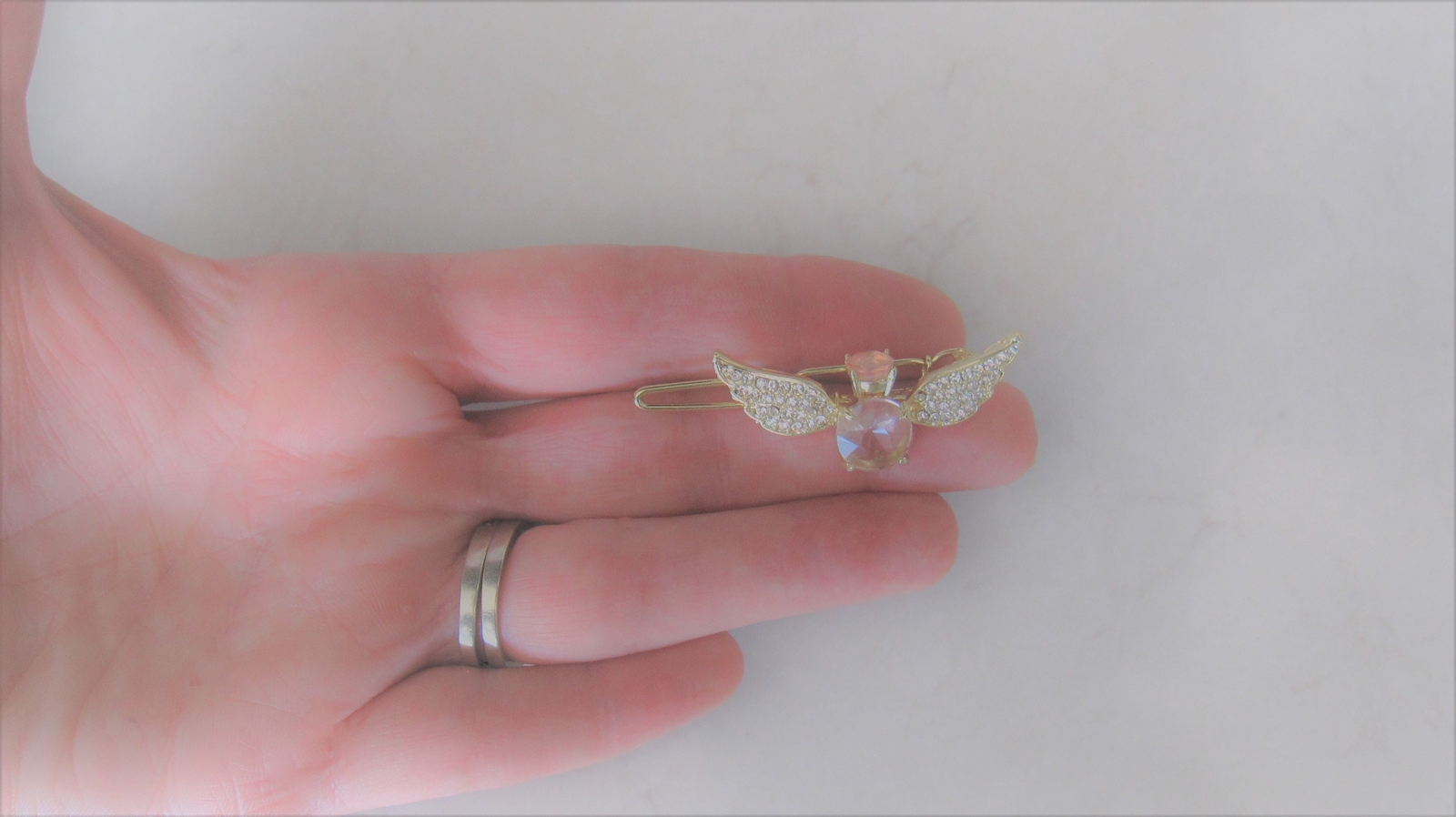 Small gold and pink crystal angel hair pin barrette bridal clip