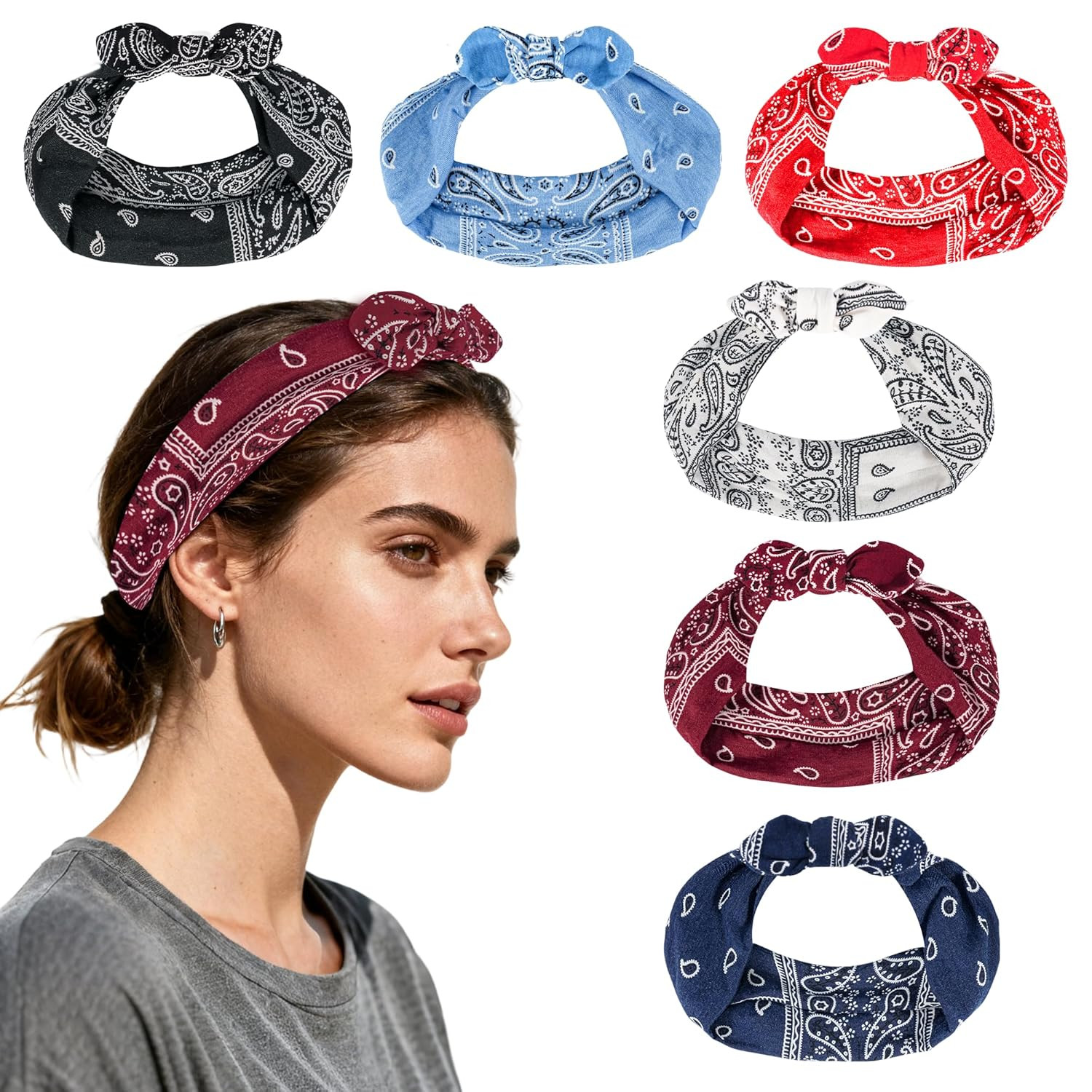 Boho Bow Headbands for Women, 6 Pack Elastic Knotted Hair Band Fashion Paisley P