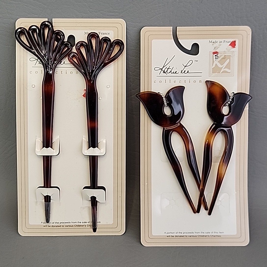 Vintage Hair Pin Lot of 4 Celluloid Single Two Prong Long Kathie Lee France