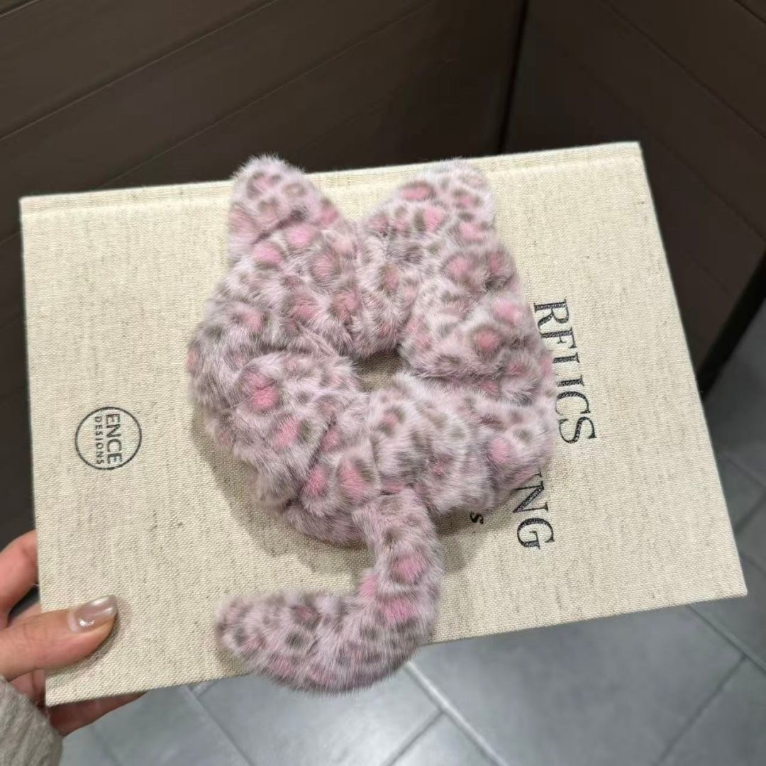 Pink Fluffy Cat Scrunchie Plush Leopard Hair Tie Cute Curly Fur Hair Accessory