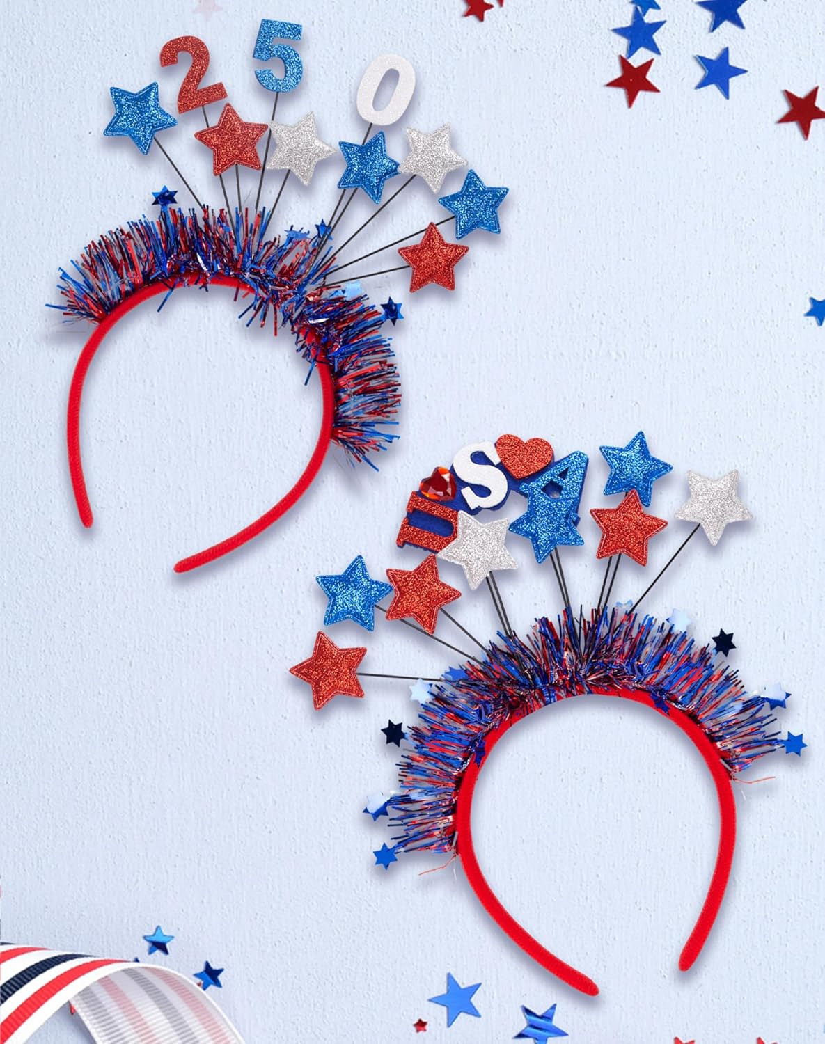 4Th of July Headband, Patriotic USA Hair Accessories Red White Blue Star Tinsel