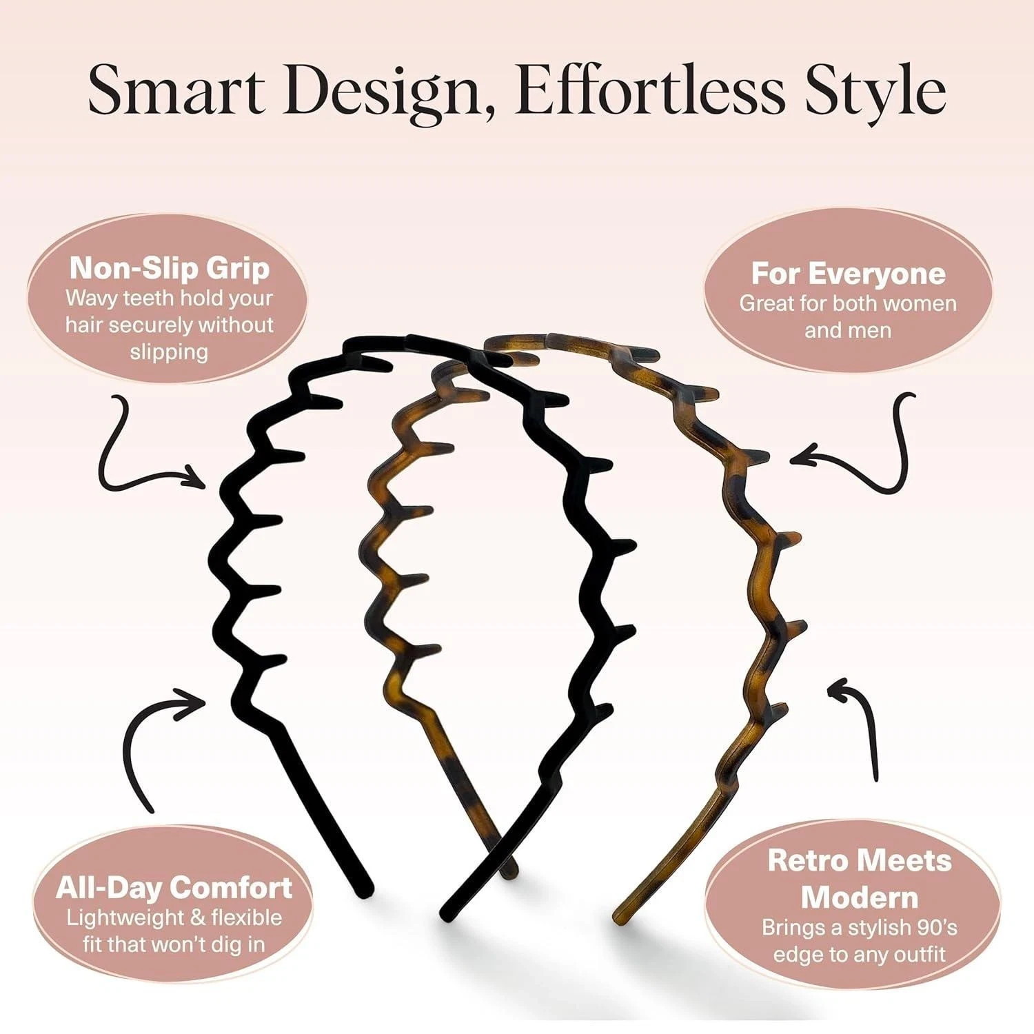 Zig Zag Comb Headbands Women Non-Slip Fashion Accessories Black Tortoise 6 Pack