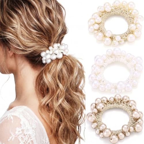 Pearl Hair Ties Beaded Hair Scrunchies Fancy Ponytail white+beige+champagne
