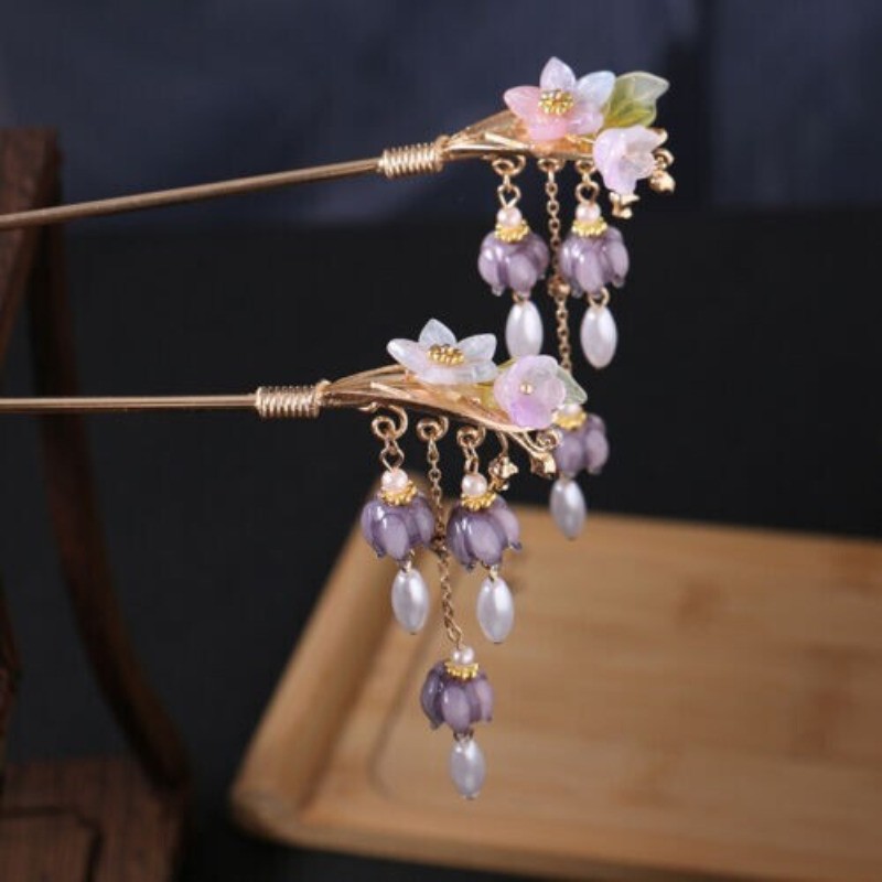 1Pc Chinese Ancient Hanfu Hairpin Purple Step Shake Tassels Elegant Headdress