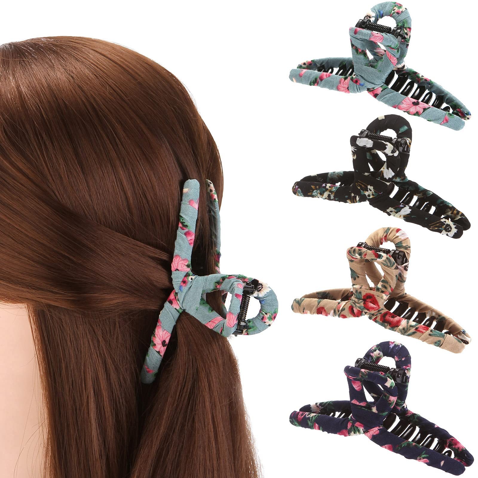 ONEYE Hair Claw Clips Nonslip Wrapped Cloth 4.3 4 Count (Pack of 1), floral