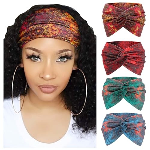 4 Pack 4 Pcs Twist Headbands: Blue Boho, Red Boho, Teal Boho, Purple Boho
