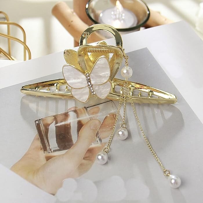 Butterfly Hair Claw Clip w/ Pearl Pendant, Suitable For Any Hair Volume