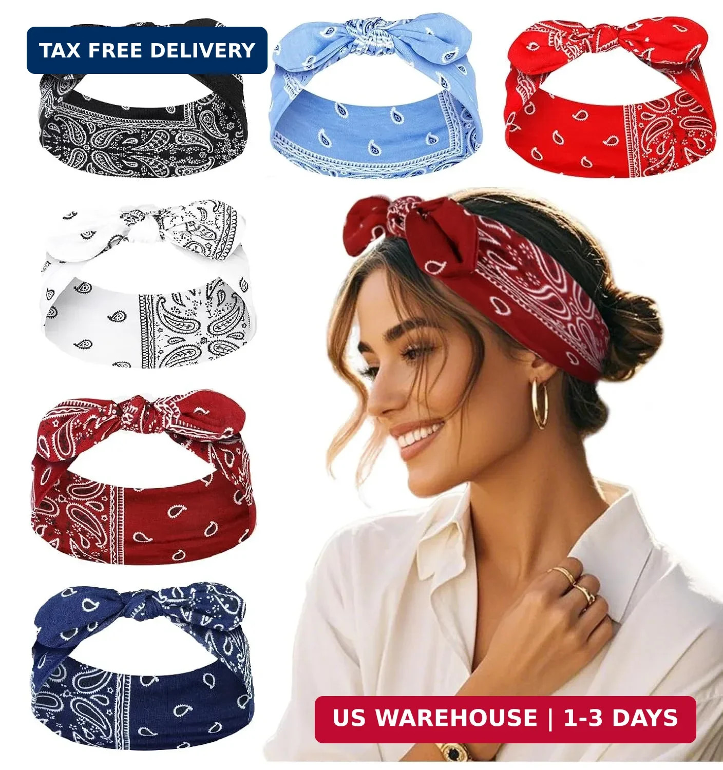 6 Pack Bandana Headbands for Women Boho Style Paisley Print – Elastic Bow Hea