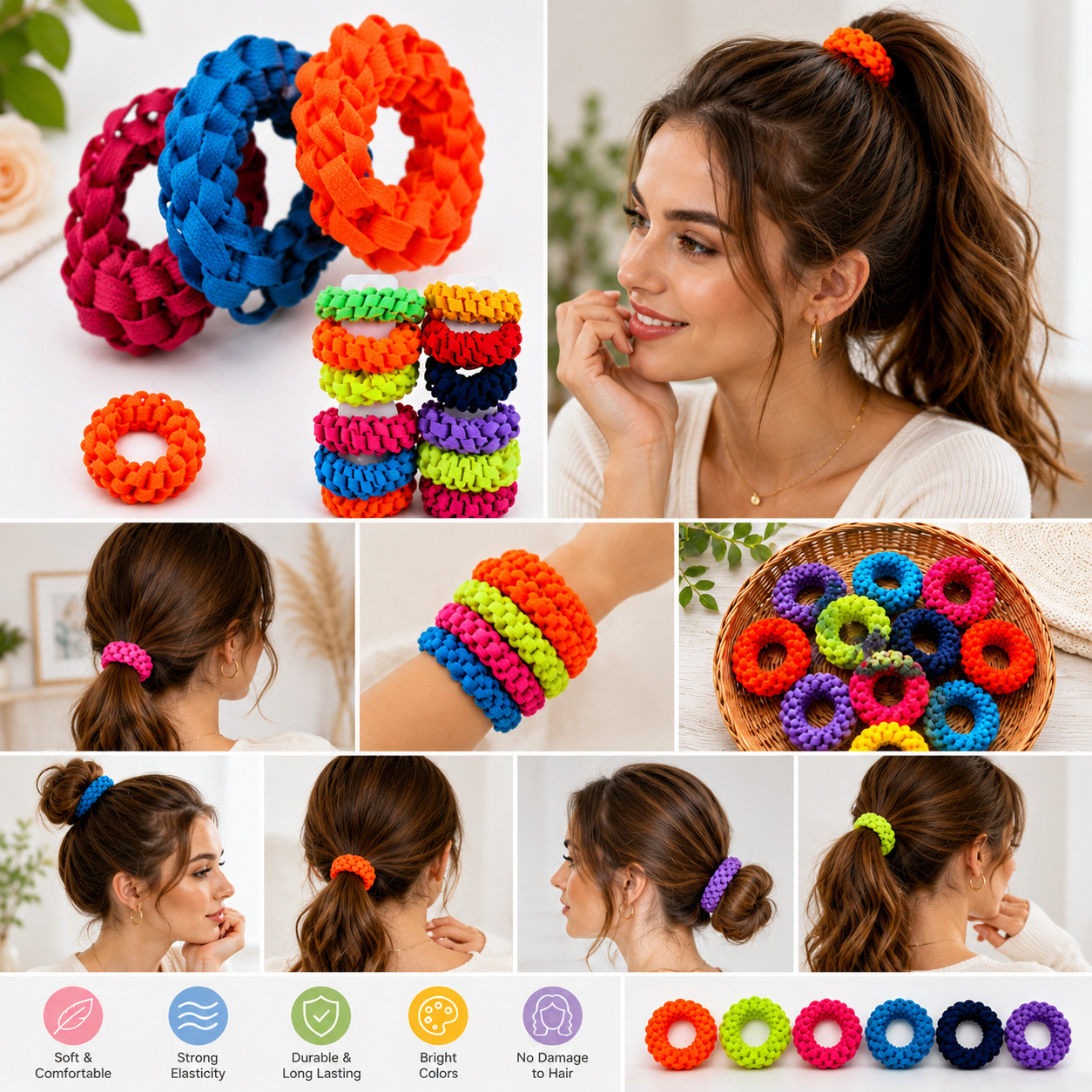 12 Pack Women Gril Braided Hair Ties Colorful Woven Elastic Hair Scrunchies Updo