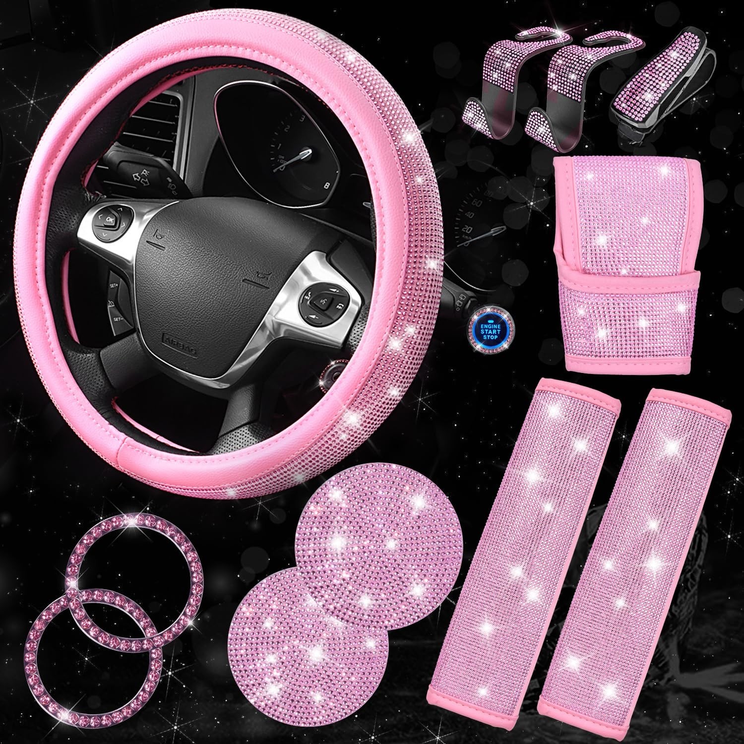 11 PCS Bling Car Accessories Set for Women – Rhinestone Steering Wheel Cover, Se