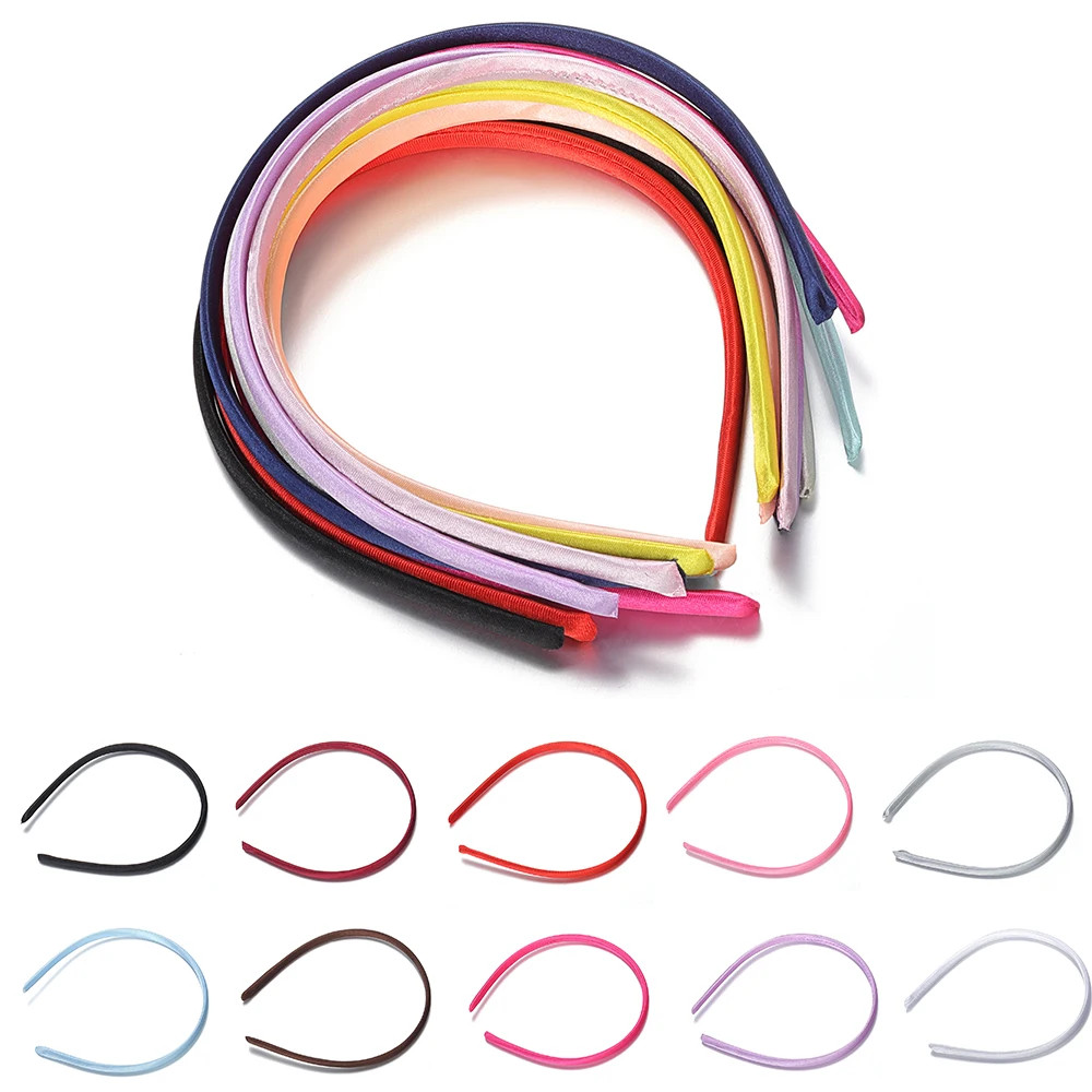 10Pcs Fashion Satin Solid Color Headband Colorful Fabric Covered Thin Plastic Ha