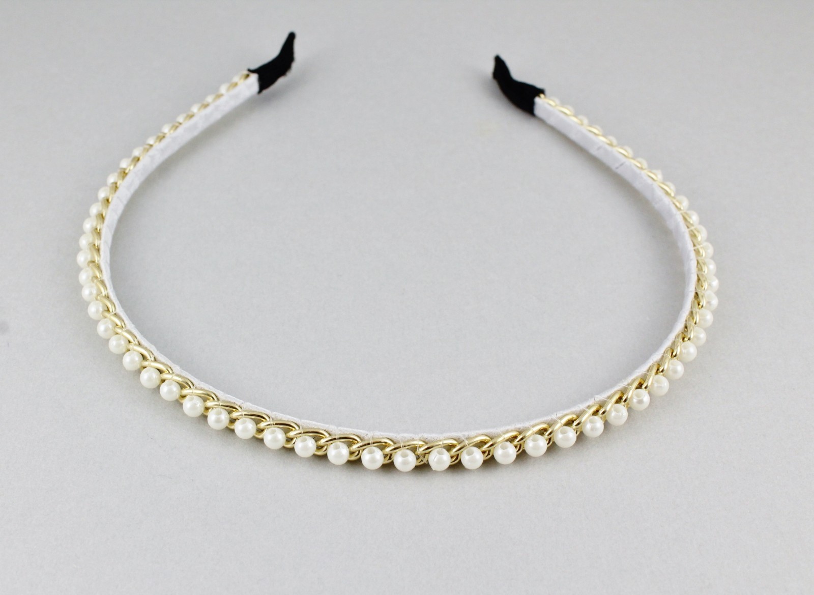 White faux pearl headband gold chain link thin skinny hair band accessory