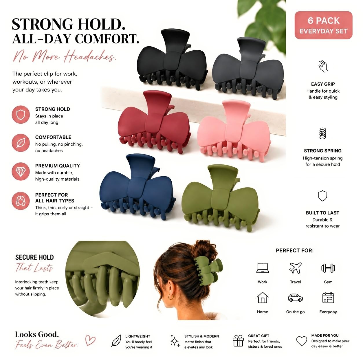 6 Pack Matte Claw Clips for Women – Medium Hair Thick & Assorted.