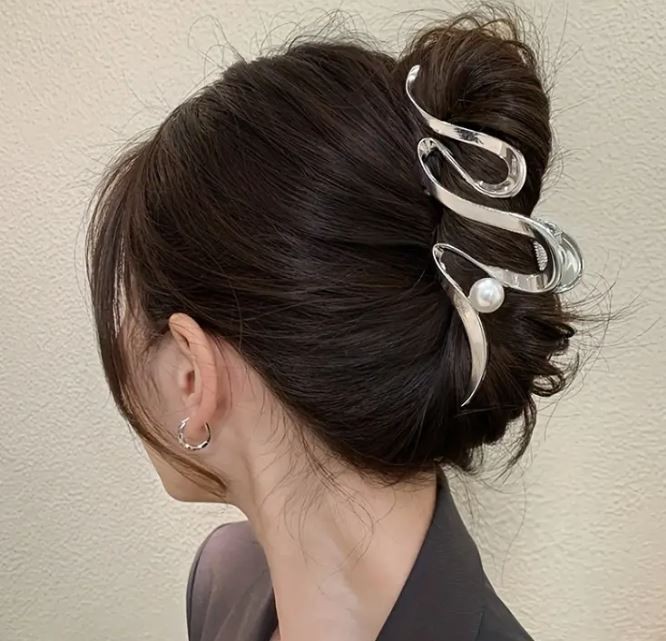 A Luxurious Hair Clip With Silver Waves And Pearls for thick hair