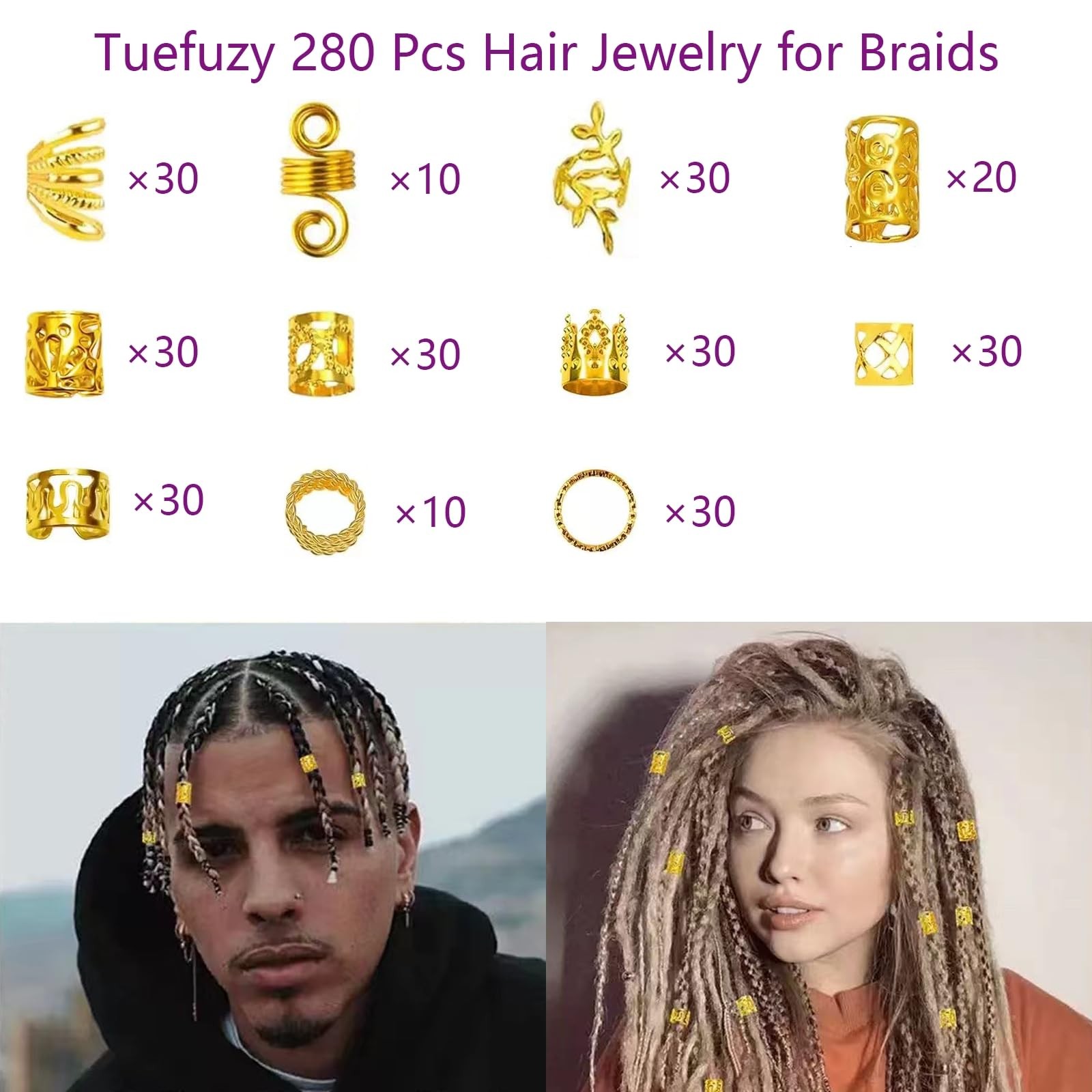 Tuefuzy 280 Pcs Gold Hair Jewelry Braid, Accessory, Golden yellow