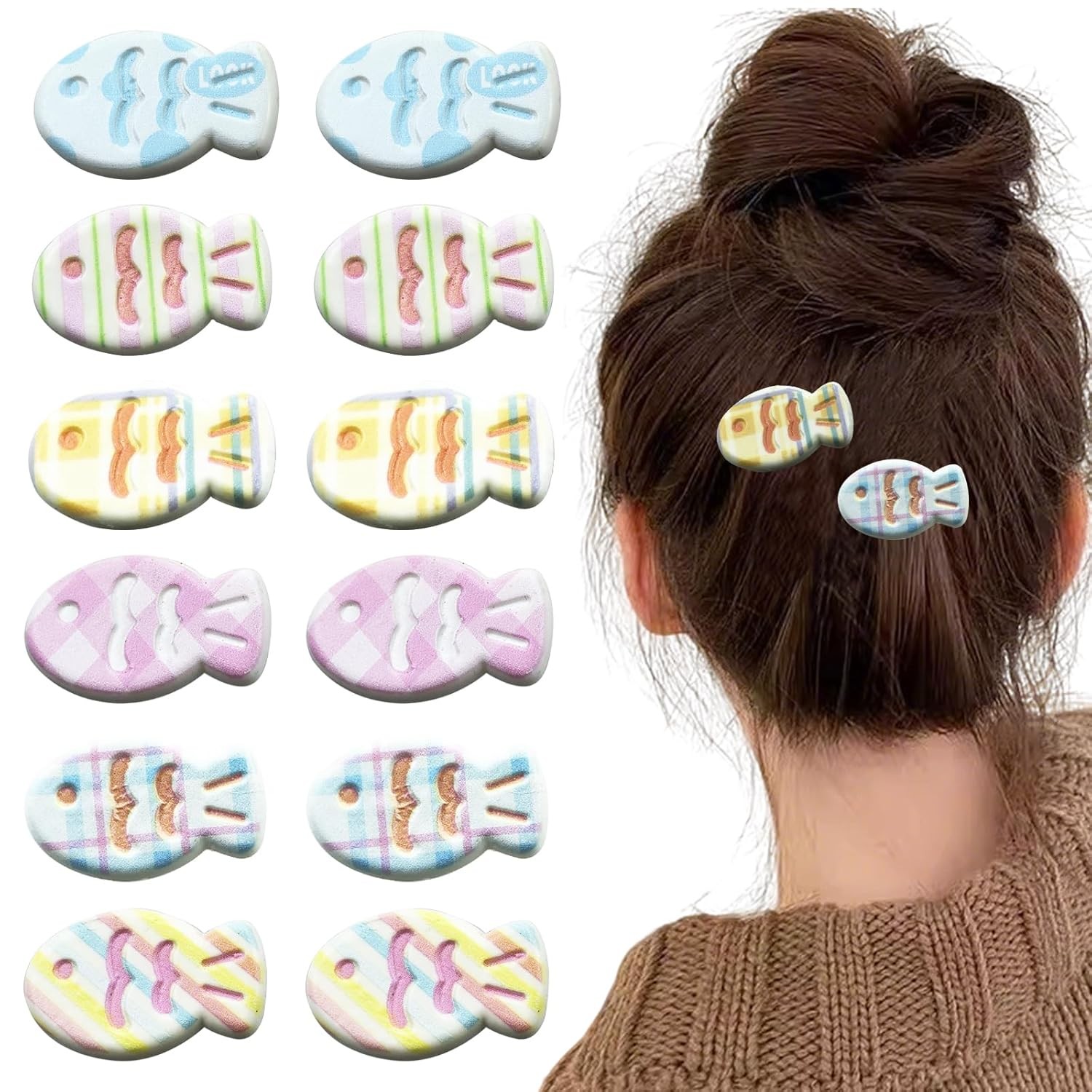 12PCS Colorful Cute Fish Hair Clips, Kawaii Plaid Marine Animal Alligator Barret