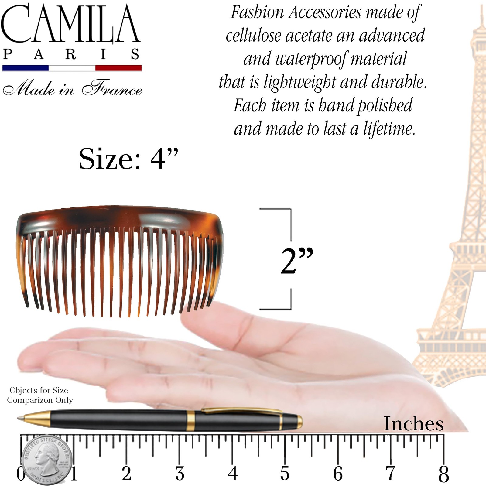 Camila Paris AD66/2 French Side Comb Large Curved 2 Count (Pack of 1), Brown