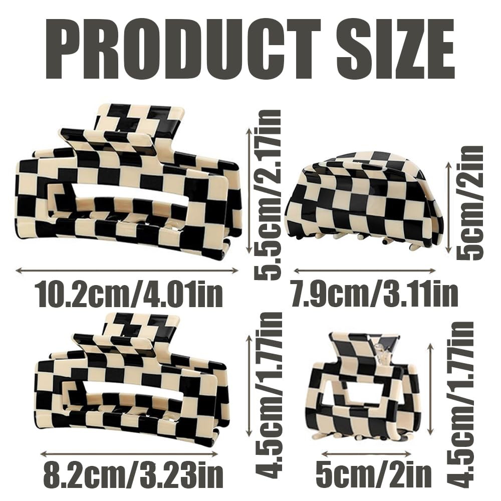 4Pcs Checkered Hair Claw Clips for Women, Large Rectangle Square Black, White