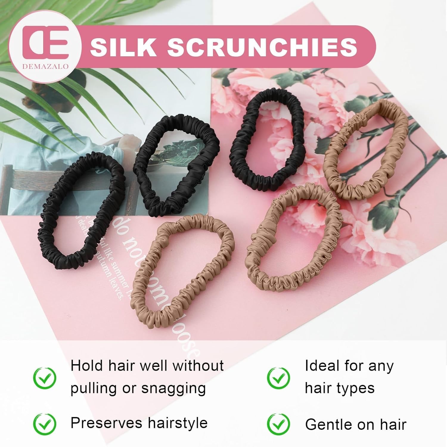 6Pcs Silk Hair Ties Small 22 Momme 100% Pure Mulberry Silk Scrunchies for Women
