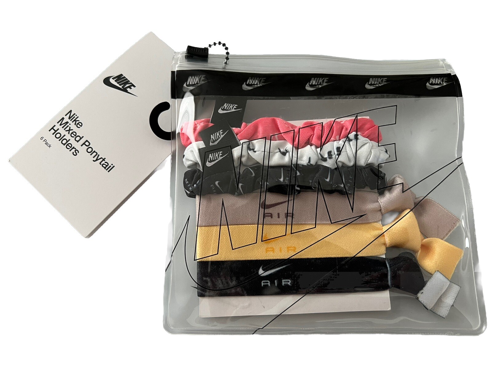 NWT NIKE 6 pc GIRL’S WOMEN’S PONYTAIL HAIR TIES WHITE BLACK PINK GOLD TAN