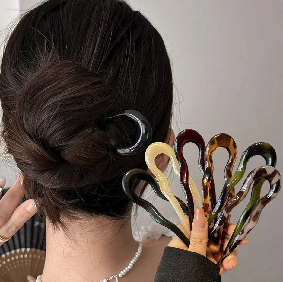 U-Shaped Hair Fork Tortoiseshell Acrylic Hair Stick Clip – NEW