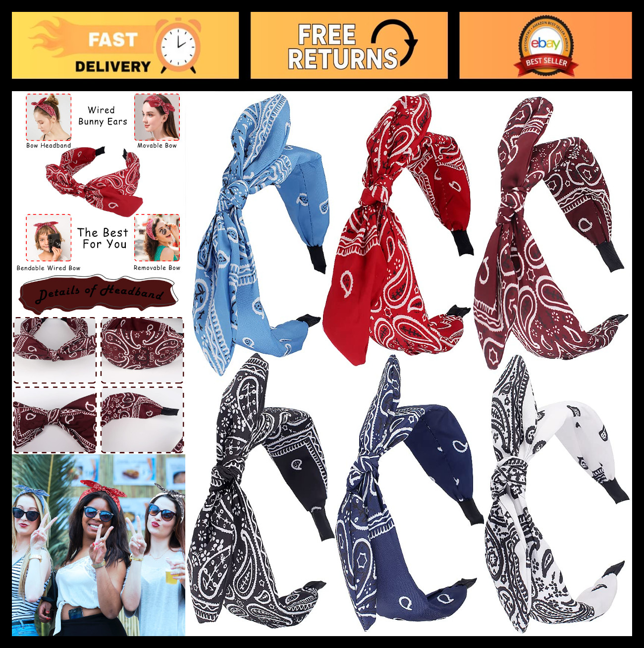 6pcs Paisley Bow Headbands with Removable Ears – Turban & Top Knot Styles for Wo