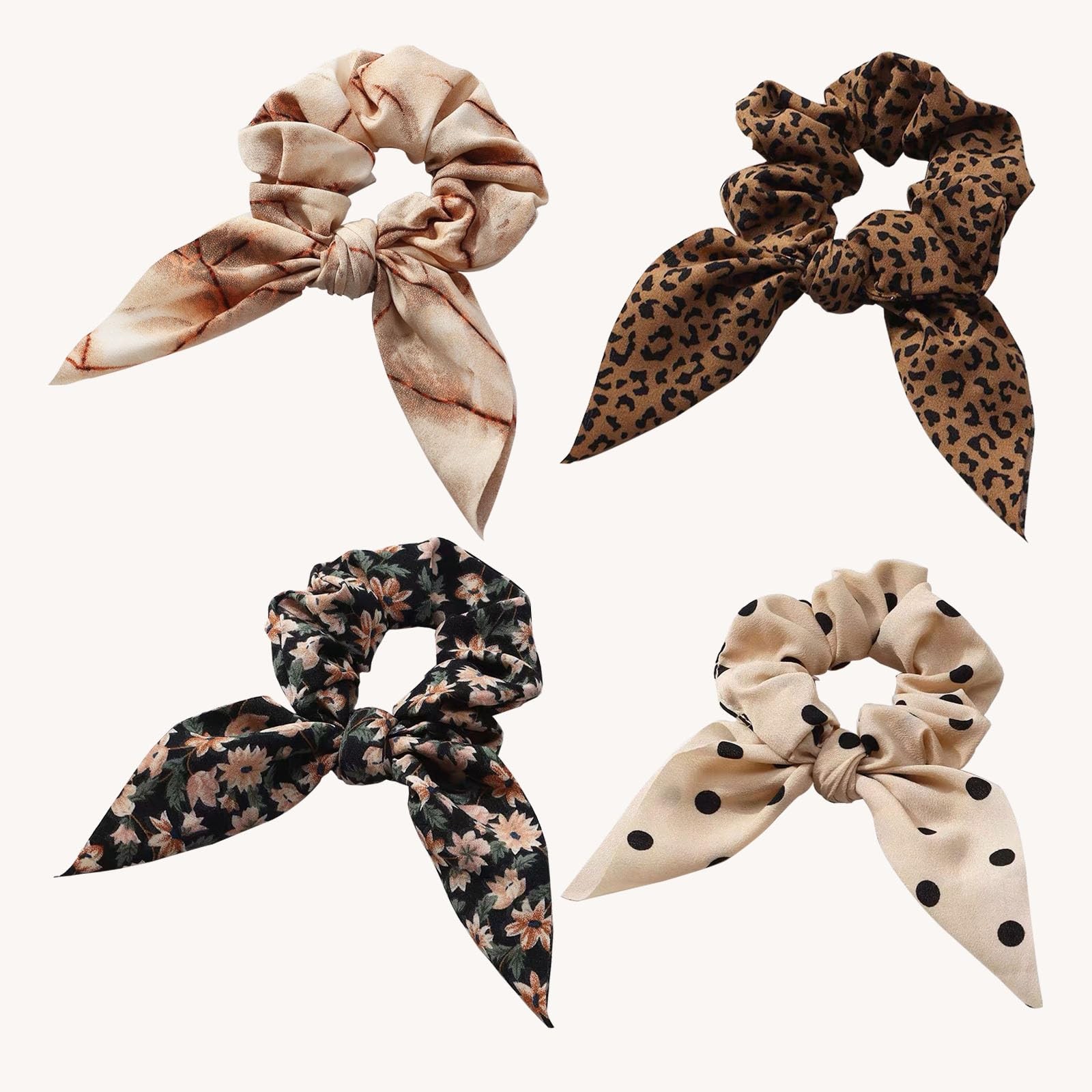 4 PCS Brown Leopard Hair Scarf Scrunchies Ribbon Bow Long Elastic Chiffon