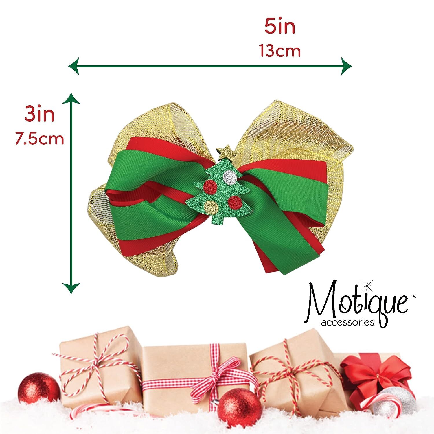 Motique Accessories Hair Bow Sparkle Christmas Bow with Silicone Charm