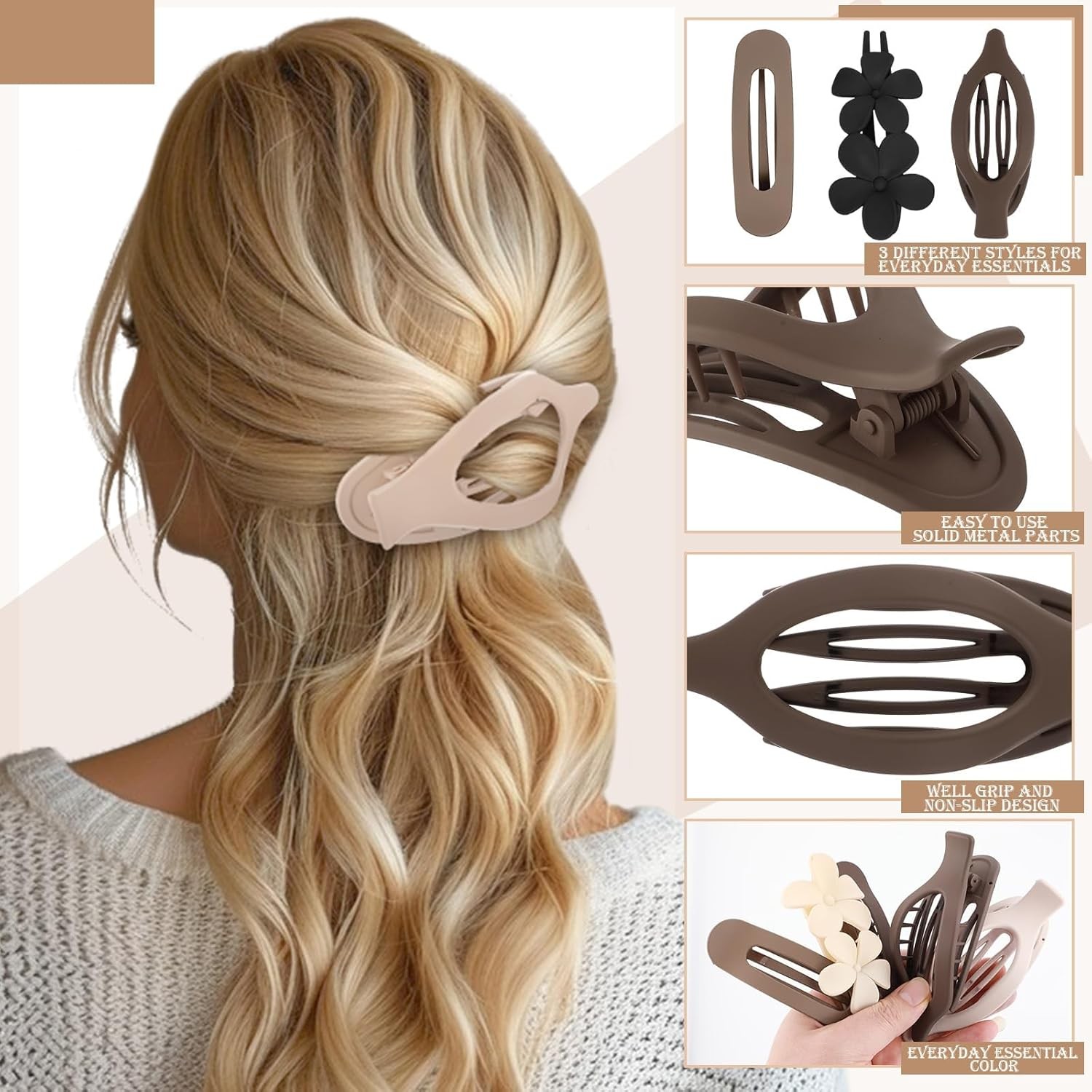 10 Pcs French Flat Hair Clips for Women 3 Styles Non-slip Flat Claw Clips Matte