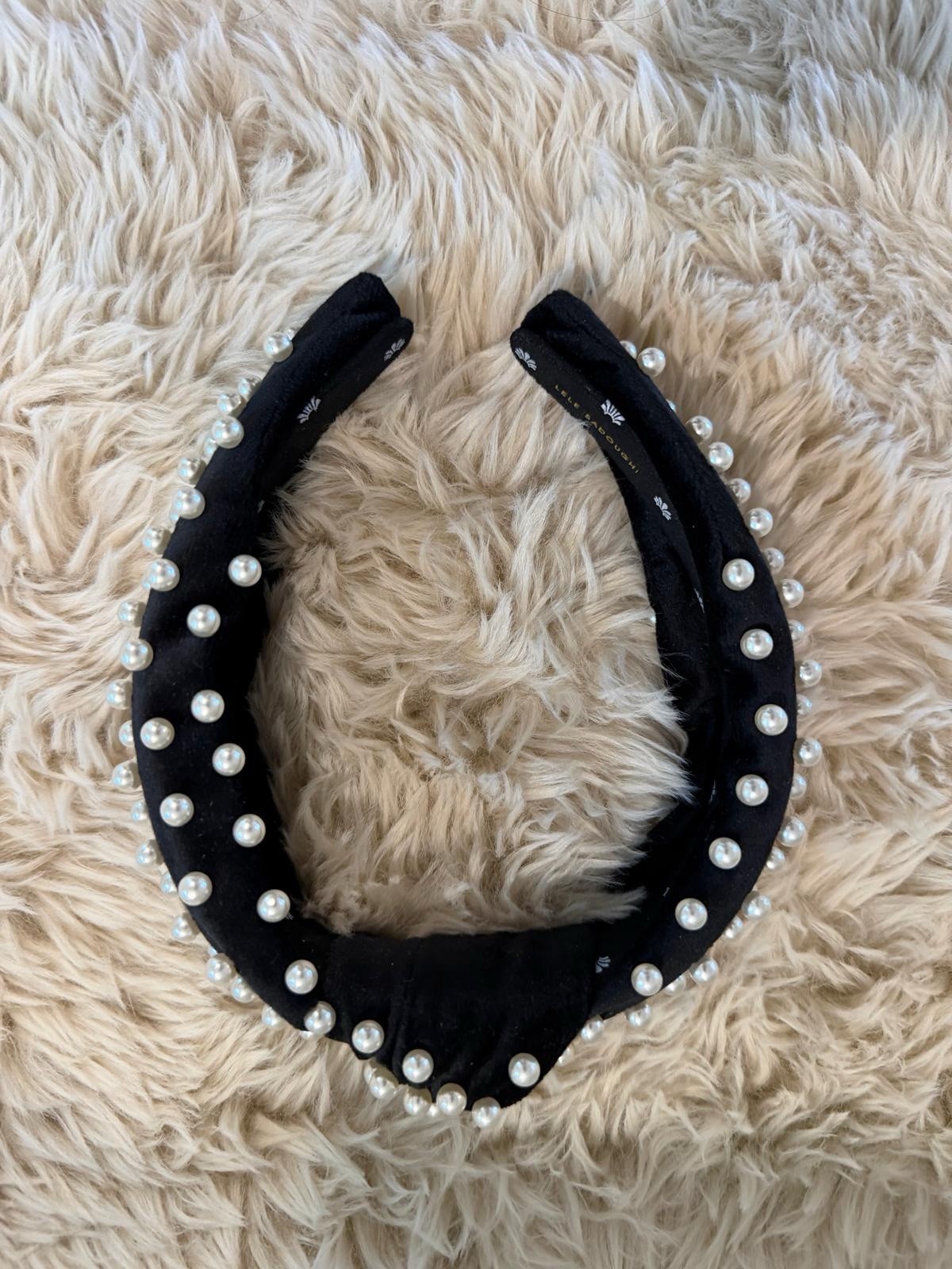 Lele Sadoughi Velvet Faux Pearl Knotted Headband Set Black & Tan