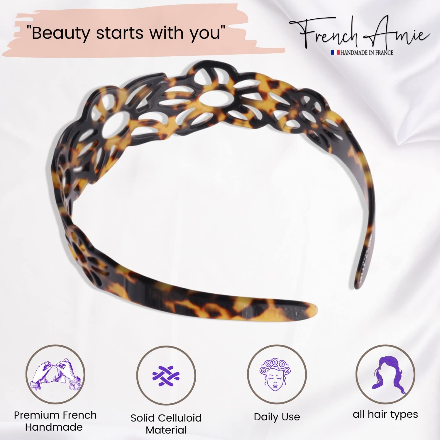 French Amie Flower Wide 1 1/2″ Celluloid Handmade Flexible Headbands