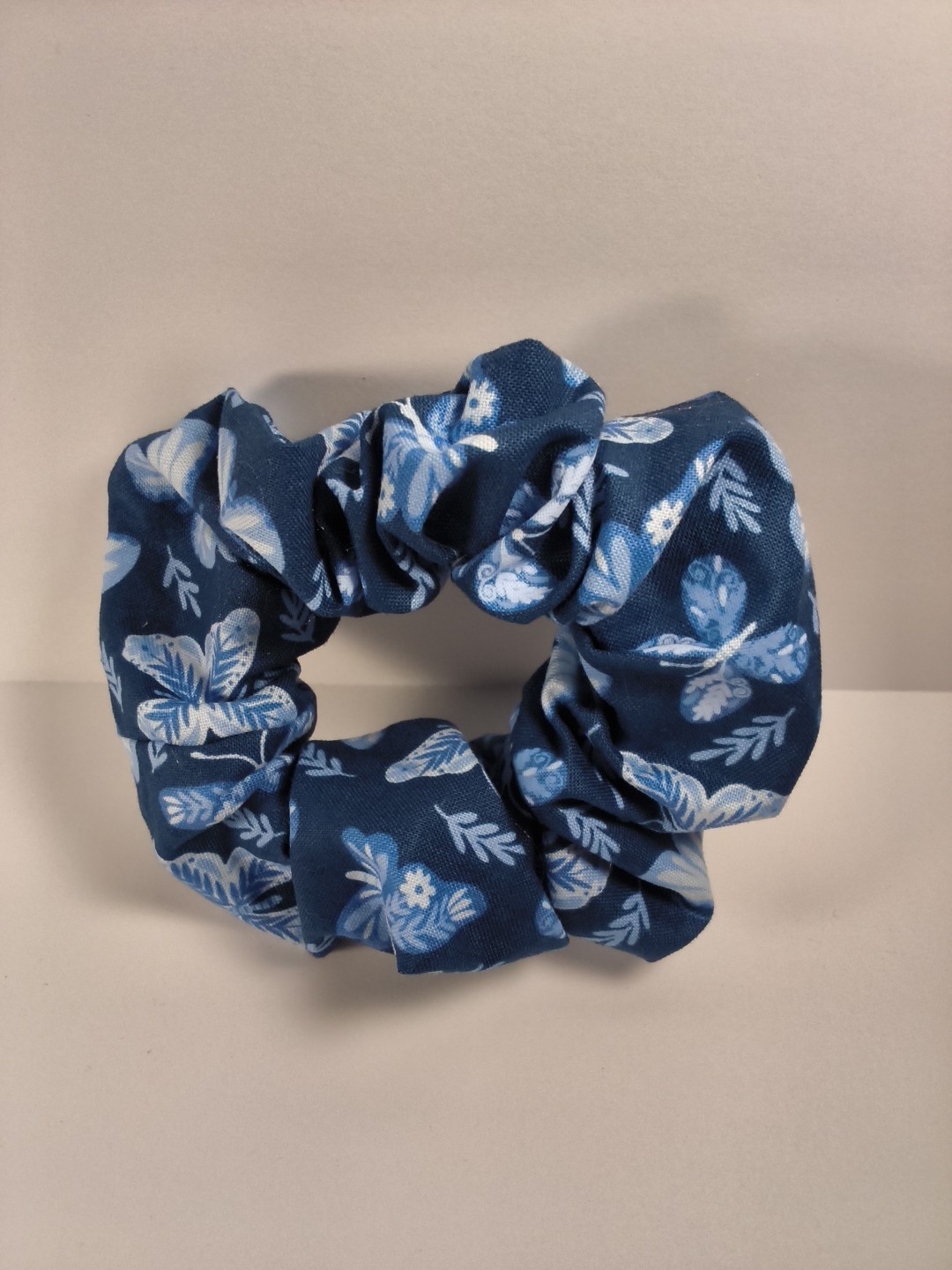 Women Large Scrunchie Cotton Fabric Blue With Butterflies Scrunchies Hair Tie