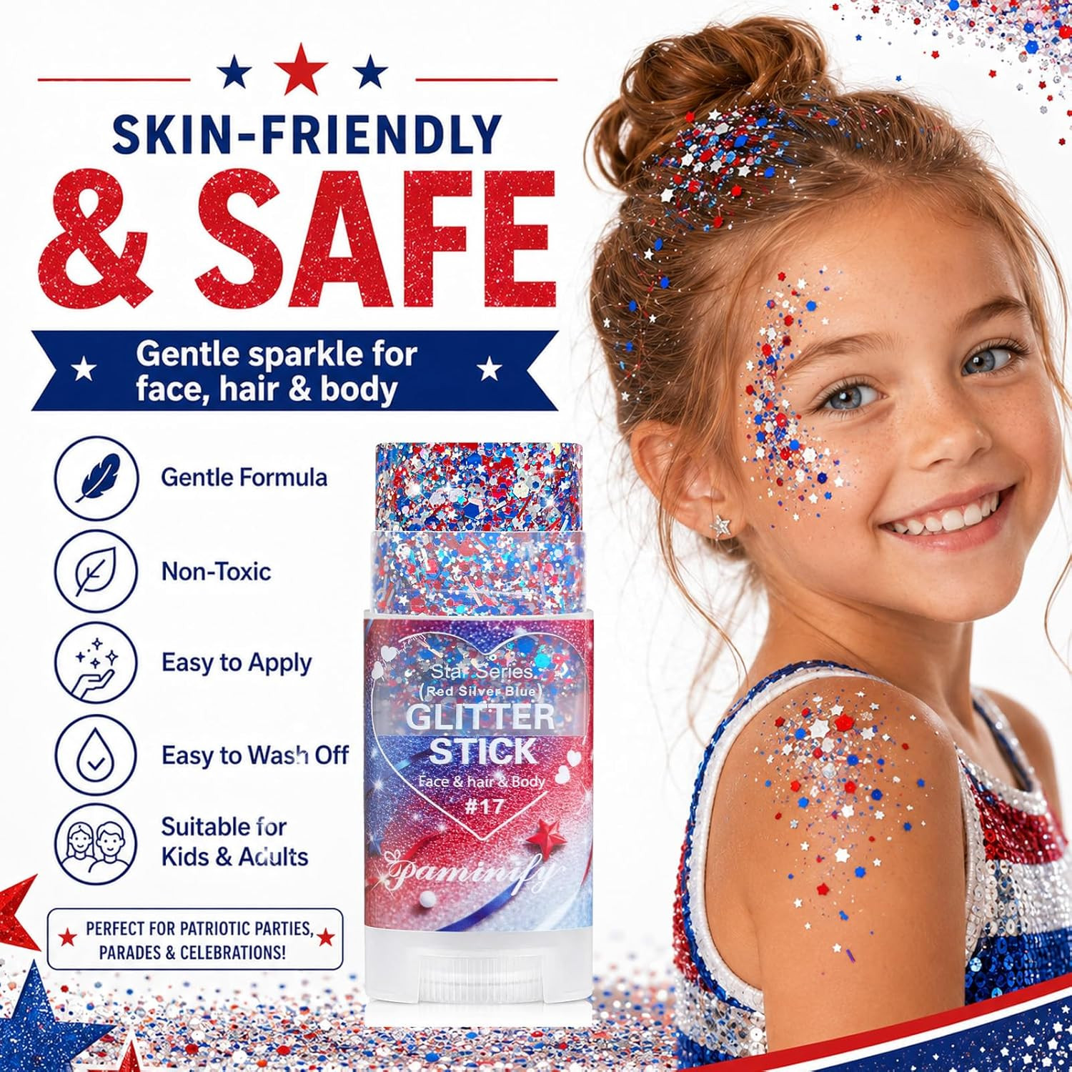Red White Blue Hair Glitter Stick,4Th of July Patriotic America Stripe Star Face