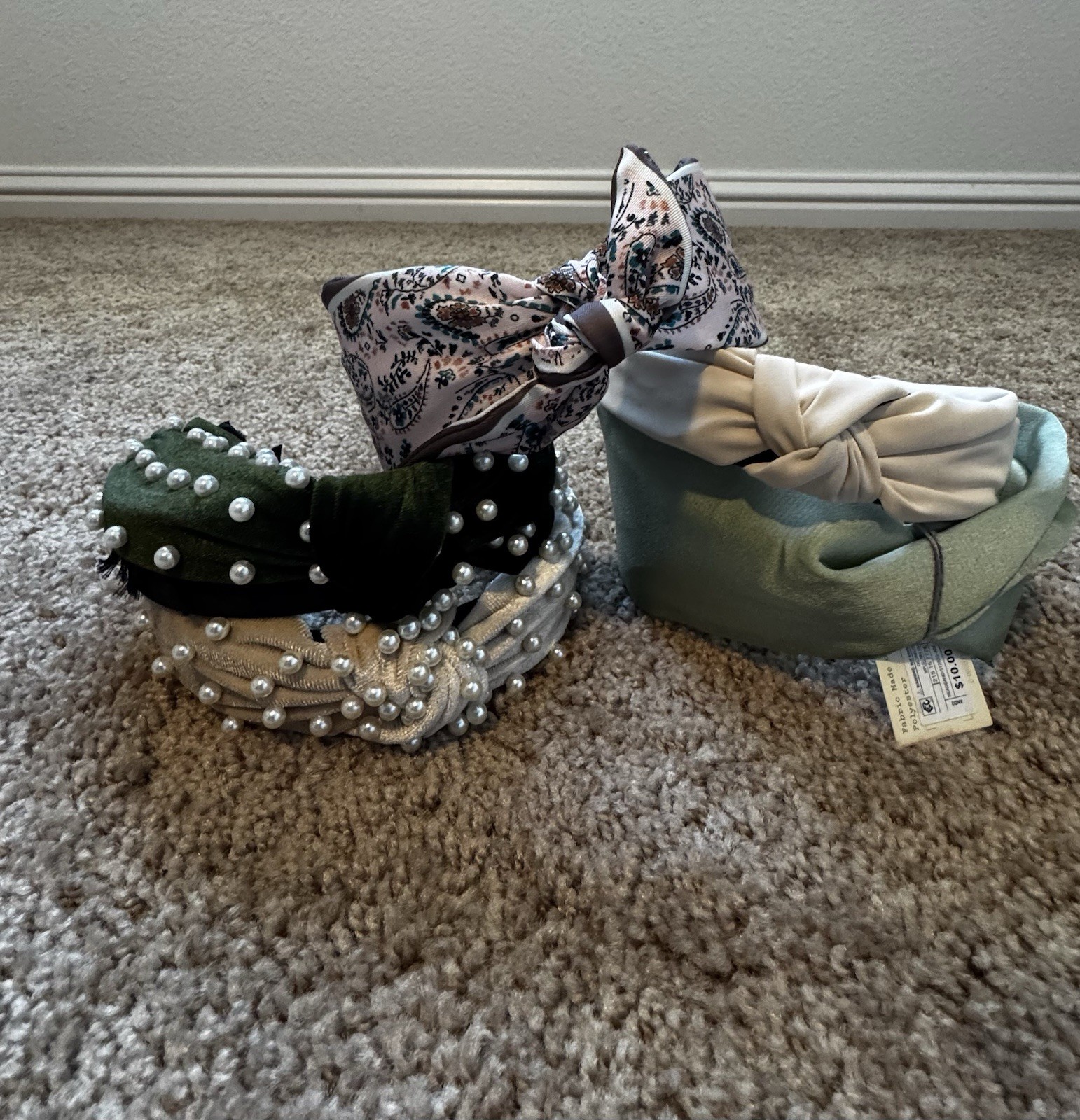 Women’s Lot of 5 Fabric Headbands Beaded Knot Bow Paisley Green White Pearl