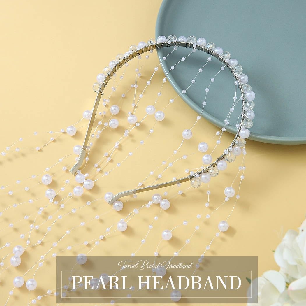 Pearl Bride Wedding Headband Silver Bridal Headpiece Tassel Hair Vine Party