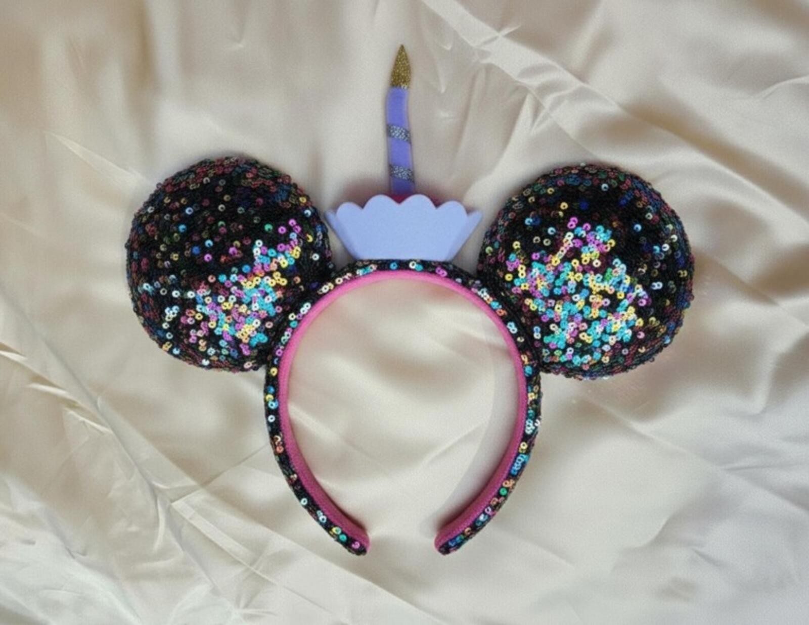 New Happy Birthday Minnie Ears Cupcake Candle Sequin Headband