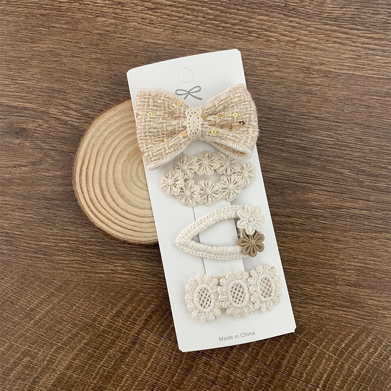 Milk coffee fabric lace 4 baby hair clip set bow flower color blocking headpiece