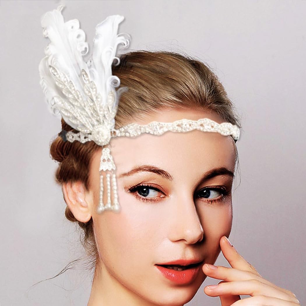 Feather Headband White Pearl 1920s Headpieces Crystal 20s Hair Accessories