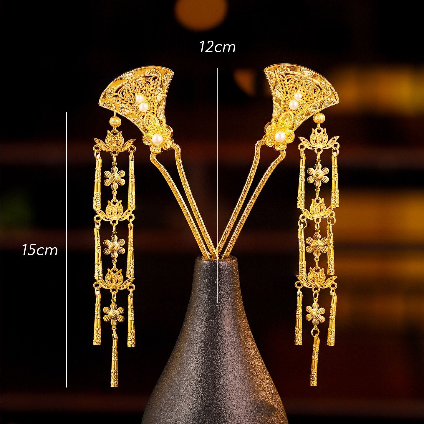 Gold Plated Flower Hairpin Long Tassel Step Shake Hanfu Hair Accessory
