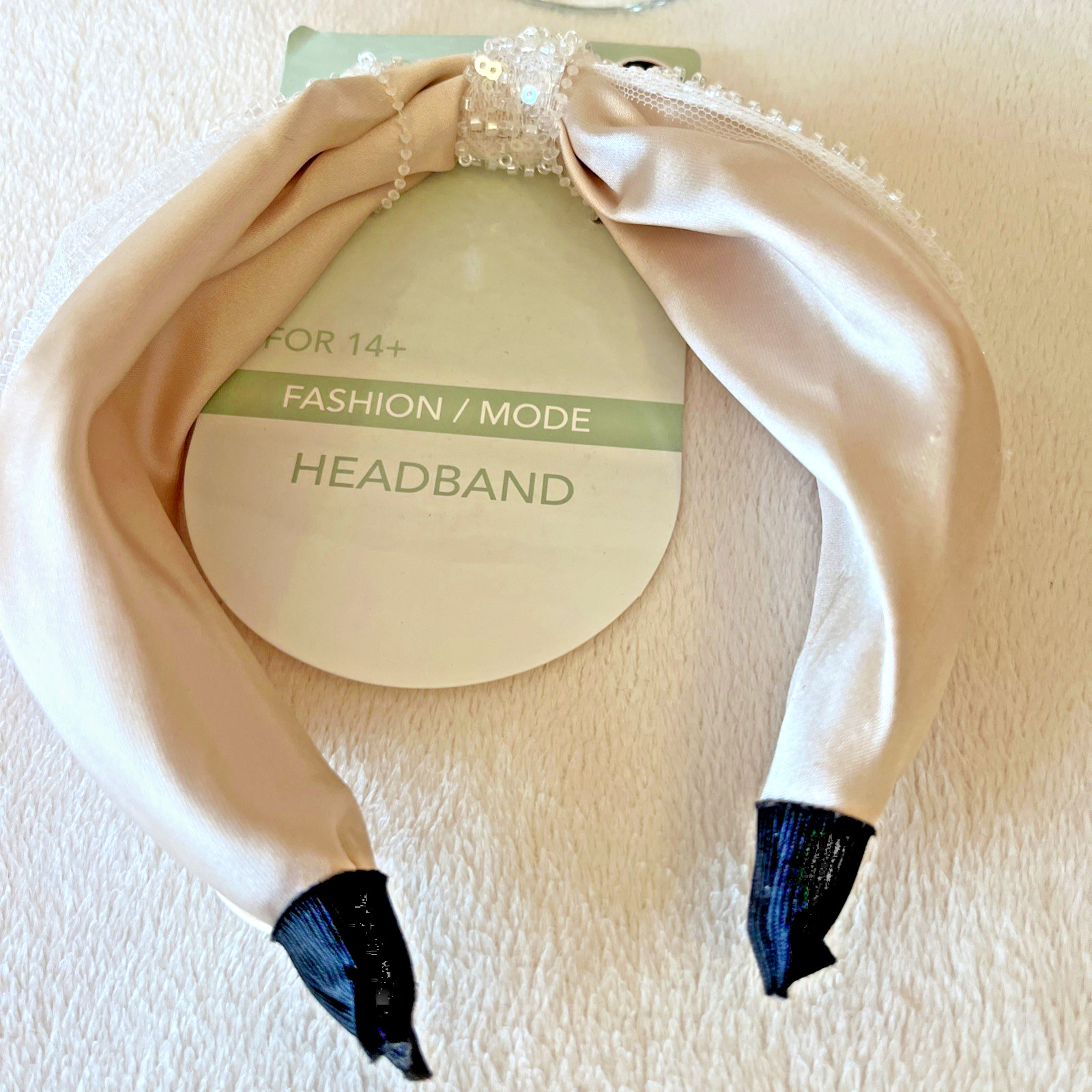 Sparkling Sequins Tulle Champagne/Beige Satin Bridal Headband Women: NWT