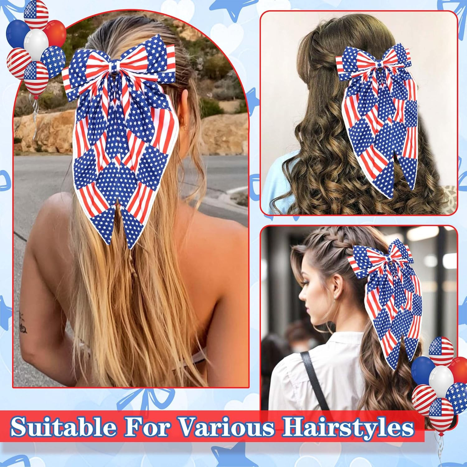 4Th of July Hair Bow Clips for Women Red White Blue Bow Hair Accessories USA Fla