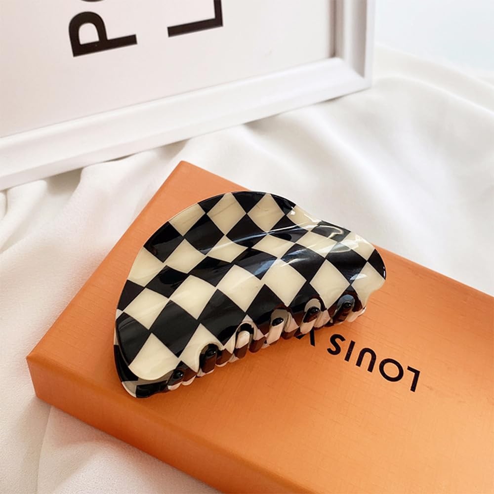 4Pcs Checkered Hair Claw Clips for Women, Large Rectangle Square Black, White