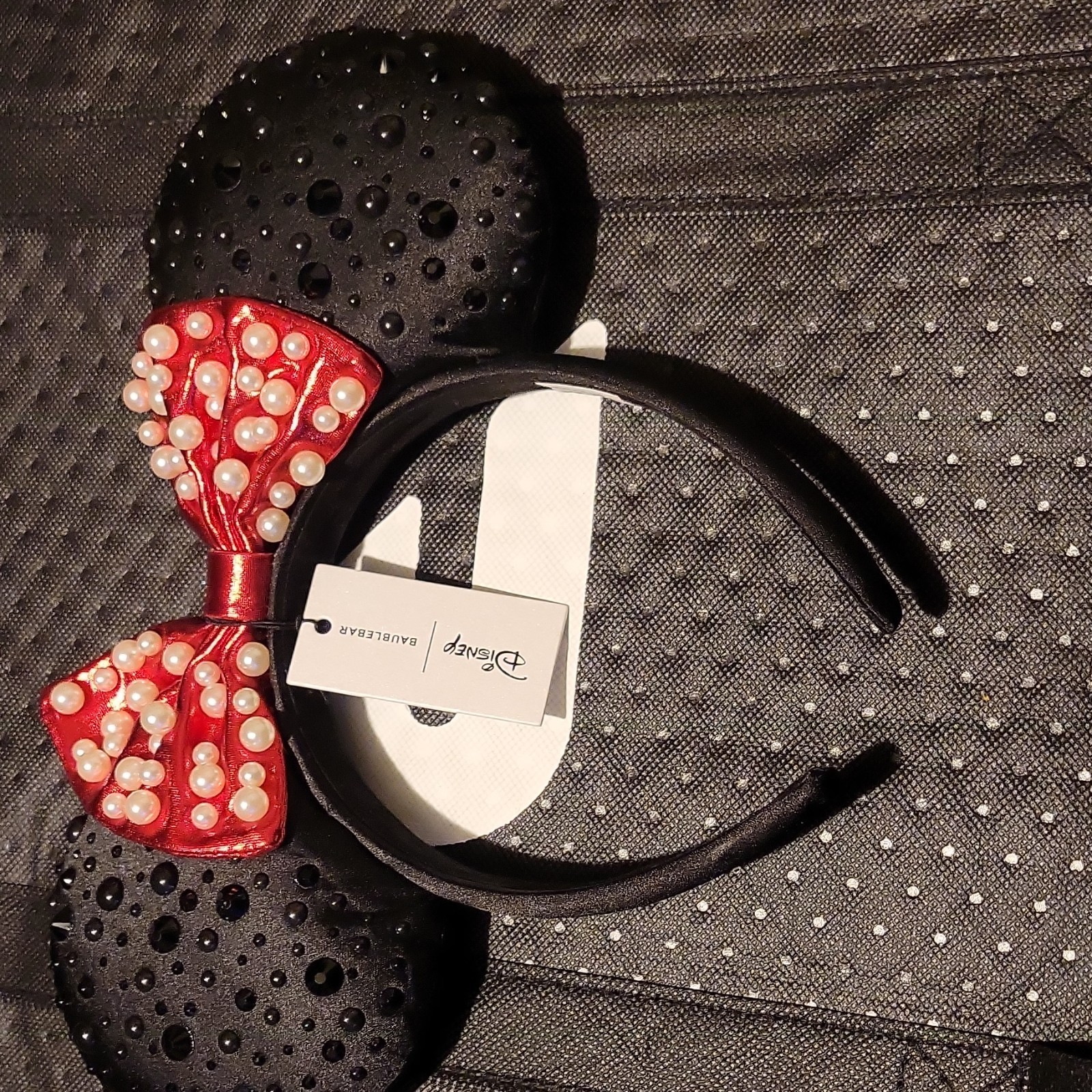 Disney Minnie Mouse Ears Headband Padded Black Ears Red Faux Pearl Bow