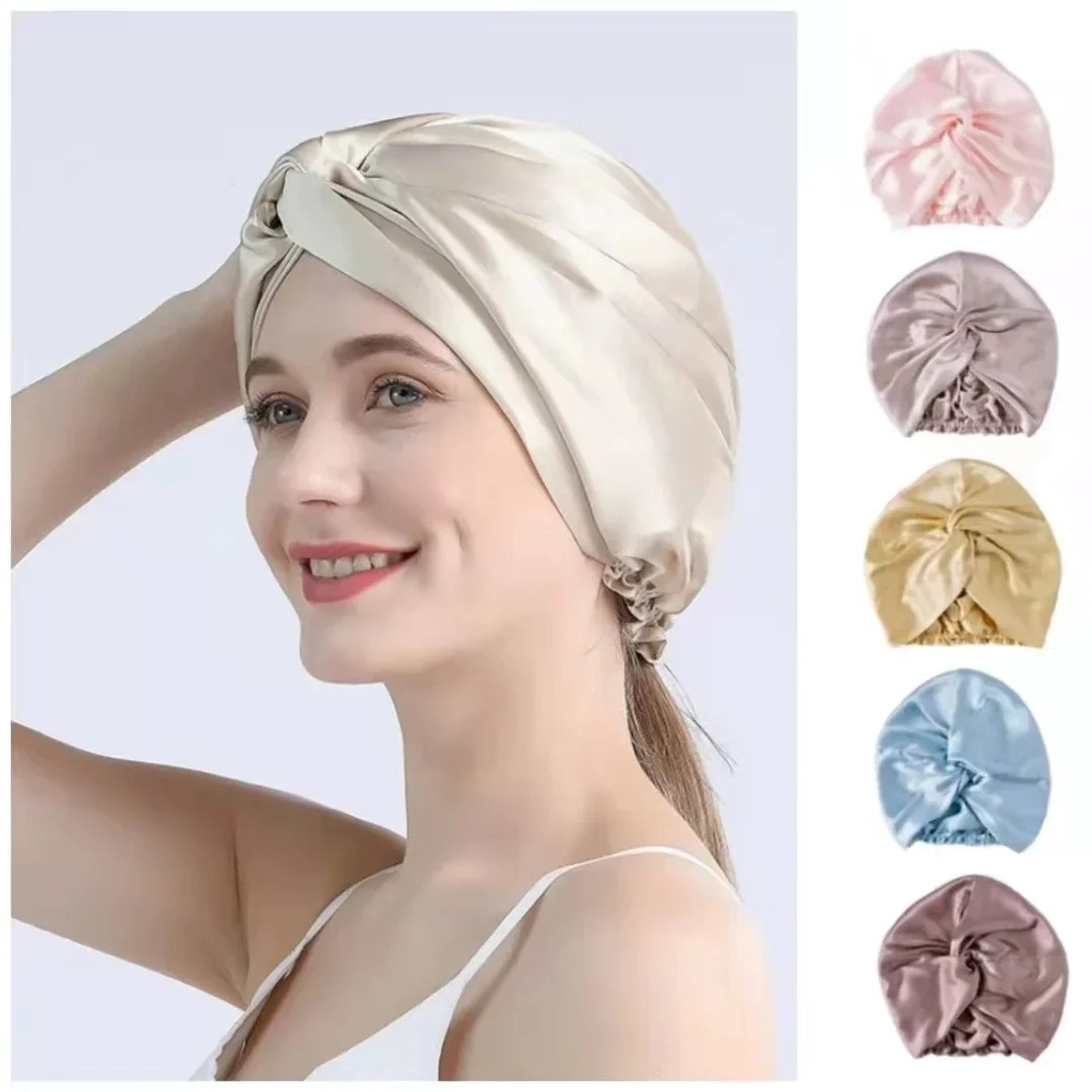 Mulberry 100 Silk Turban Bonnets for Women Twisted Sleeping Night Cap 19