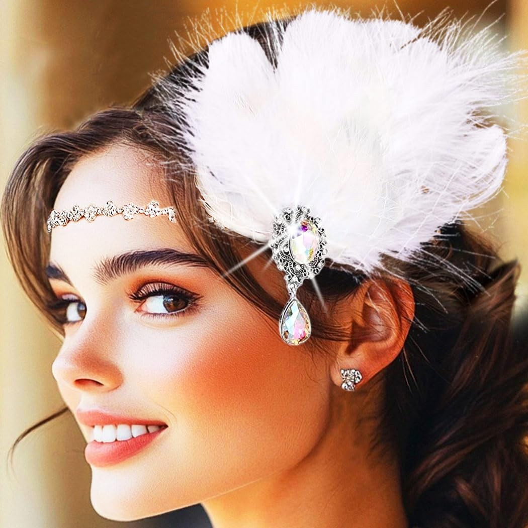 1 PC 1920s Flapper Headpiece White Feather Headband Rhinestone Party Hair