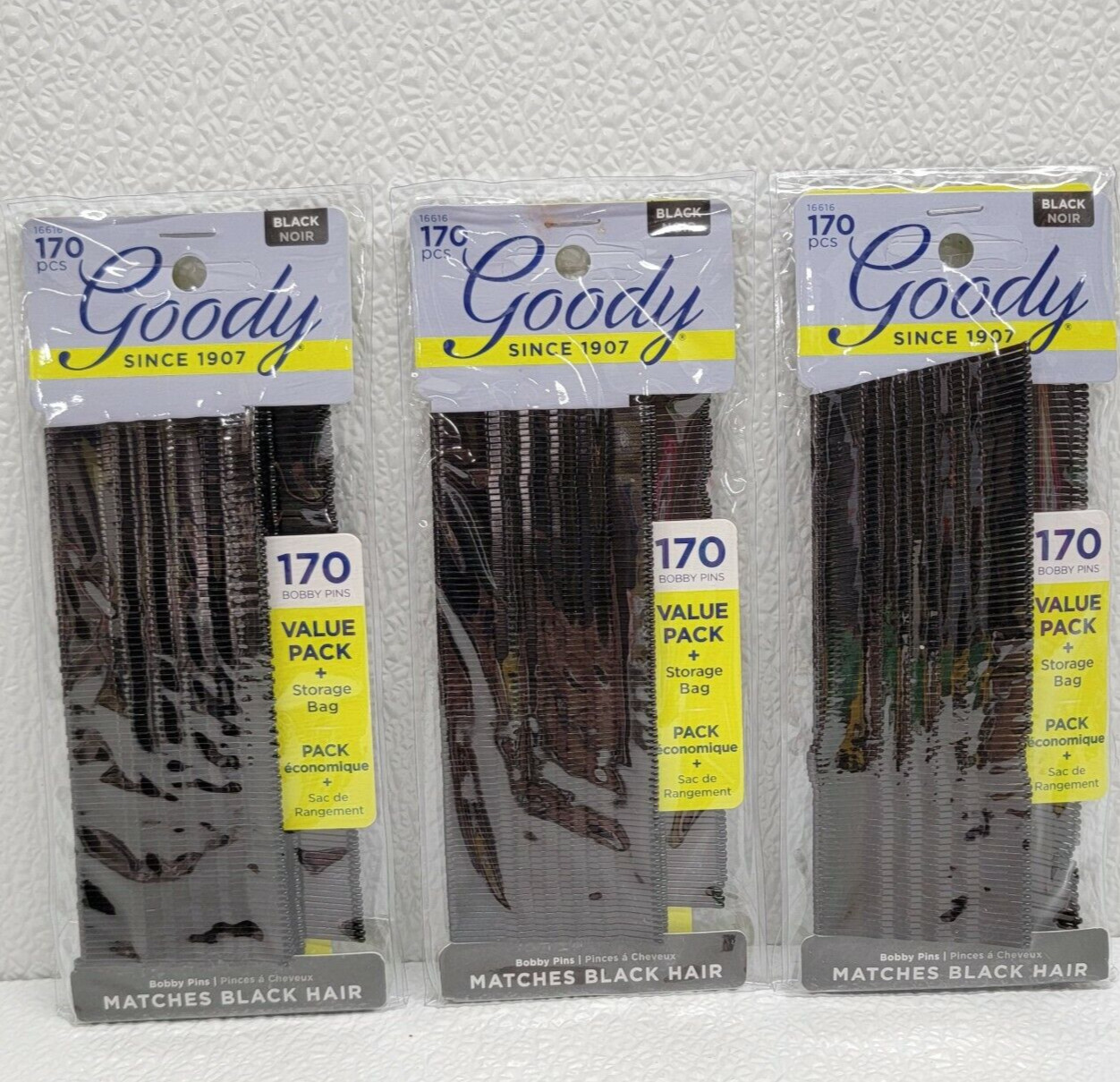 Goody Black Bobby Pins Lot of 3 Packs w/ Storage Bags 170 Count Each – 510 Total