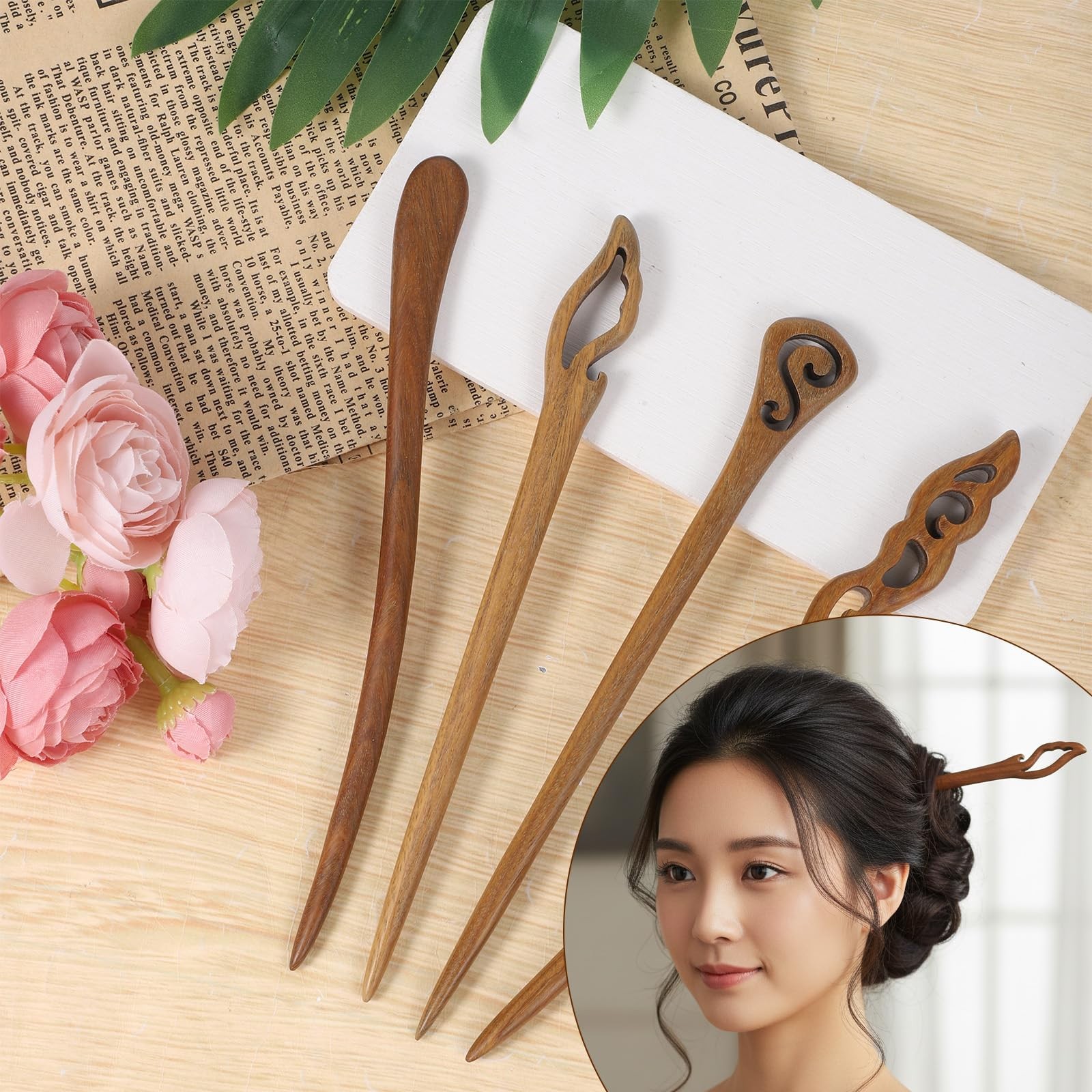 4 Pcs Wooden Hair Sticks for Women, Hanfu Pins Chinese Hair Chopsticks for Bu…