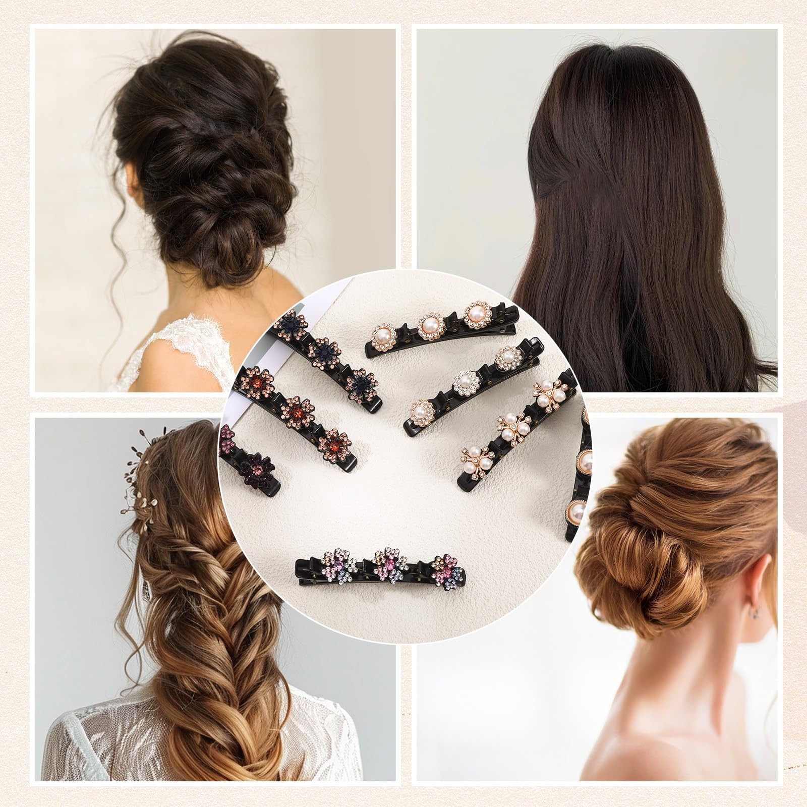 Braided Hair Clips for Women, Sparkling Crystal Stone Pearl Barrette, 8PCS Rh…